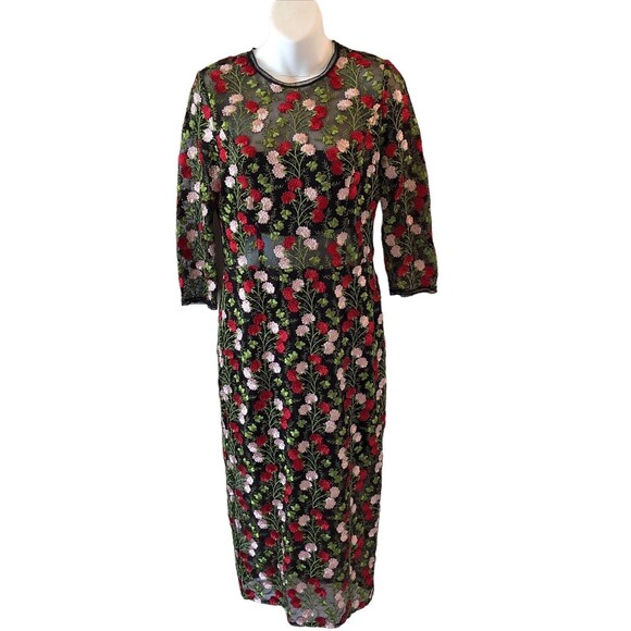 Alexis Floral Miller Sheath Midi Dress Black Red Embroidered Flowers Sheer Large - Picture 1 of 4